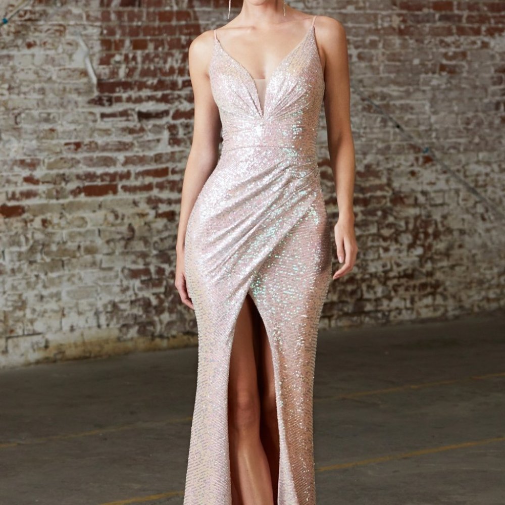 Sequined V-Neck Leg Slit Prom Dress CDCH222